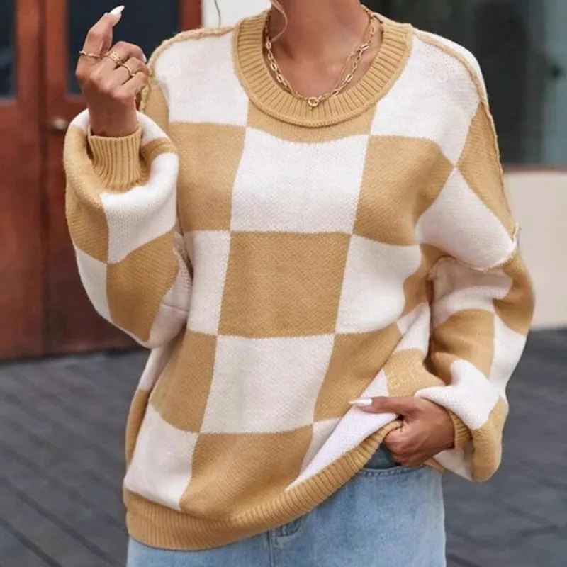 

Women Checkerboard Knitted Sweater Autumn Korean Casual Warm Loose Long Sleeve Top Female Streetwear All Watch Jumper New