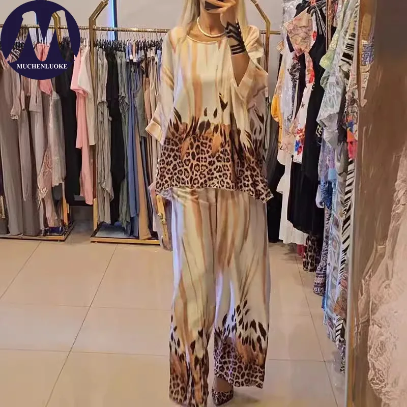 2 peças conjunto para mulher verão novo elegante impresso mangas compridas o pescoço topos ternos moda casual solto calças de perna larga conjuntos