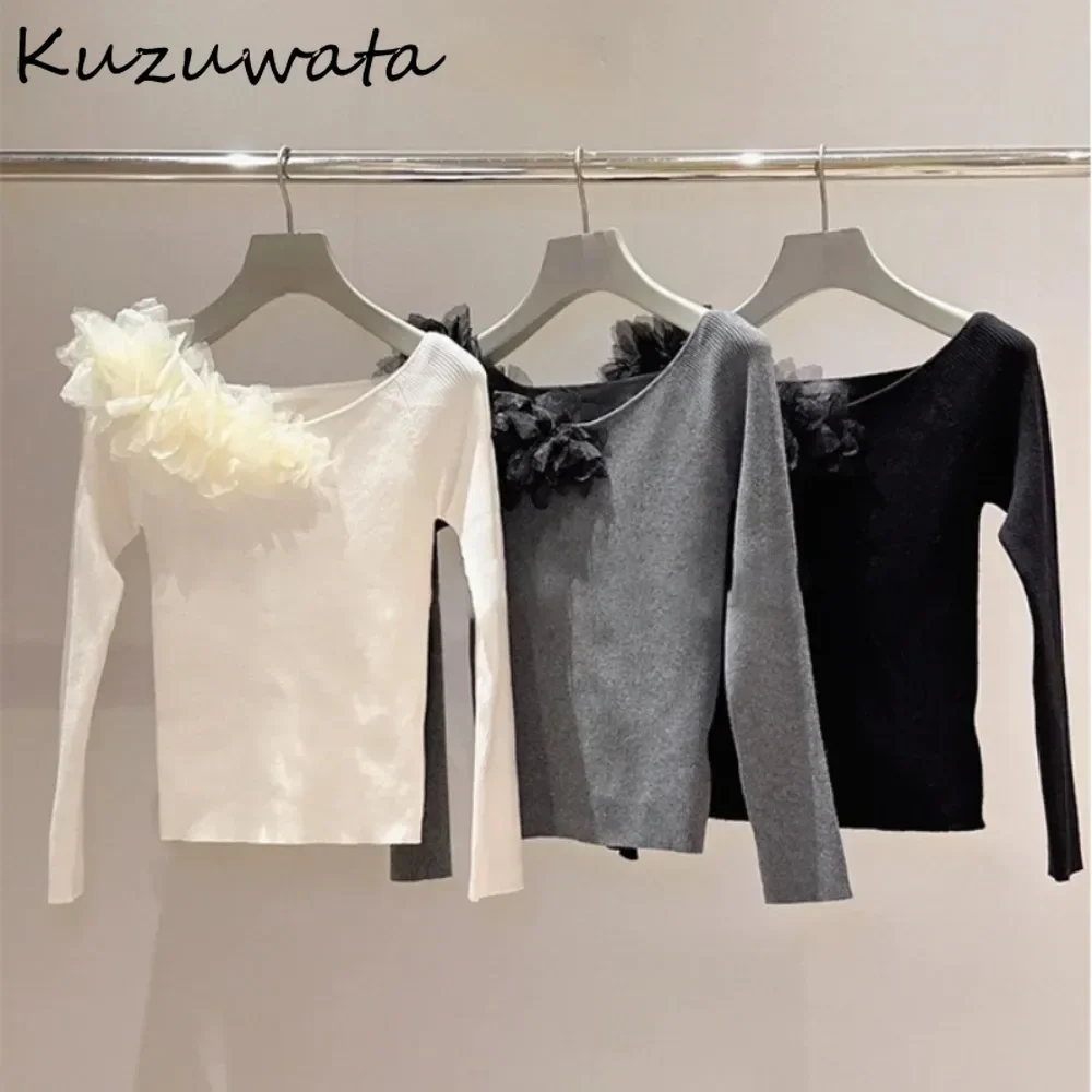 Kuzuwata Long Sleeve Slash Neck All-match Pullover Knit Sweet Fresh Three-dimensional Sweaters Japan Solid New Fresh Women Tops