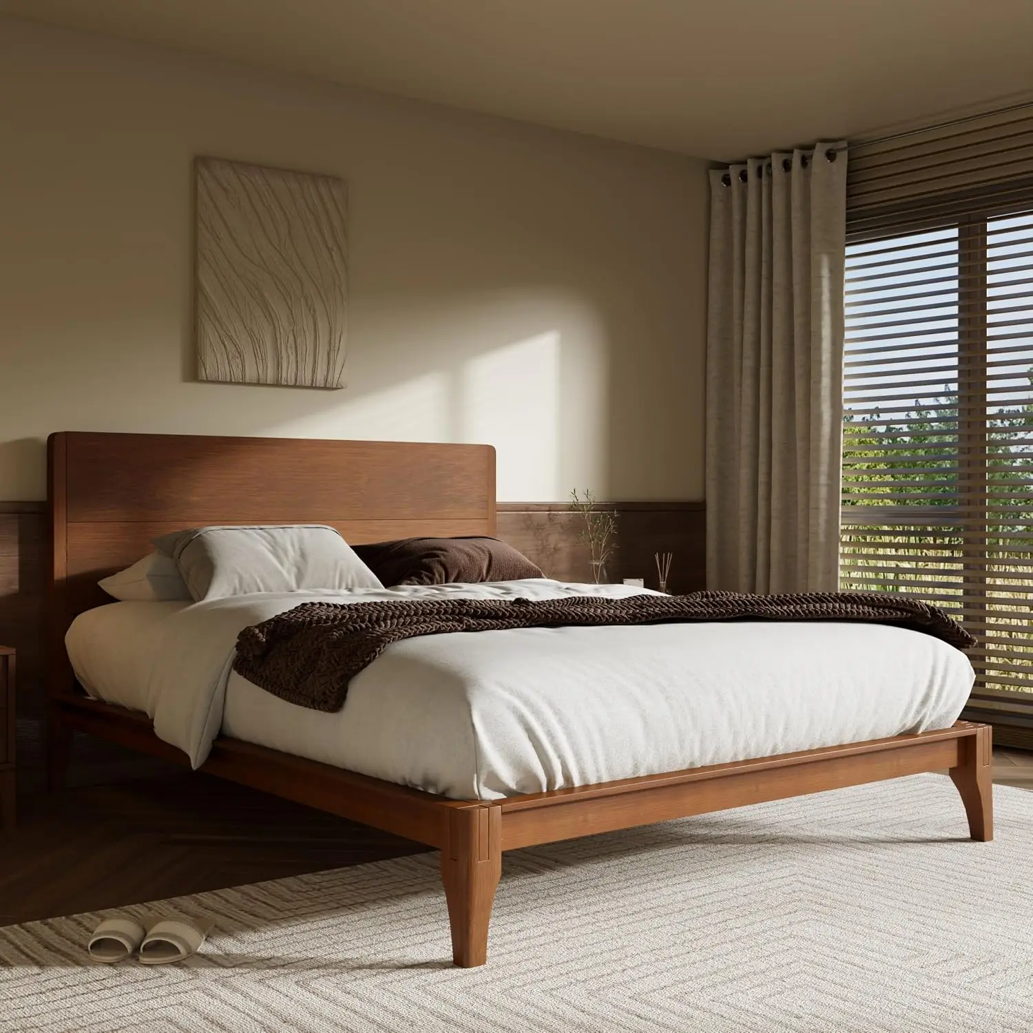 Queen Size Bamboo Platform Bed Frame with Tall Headboard, Brown | Mid-Century Modern Solid Bedframe Queen-Size,, Customized - view 3