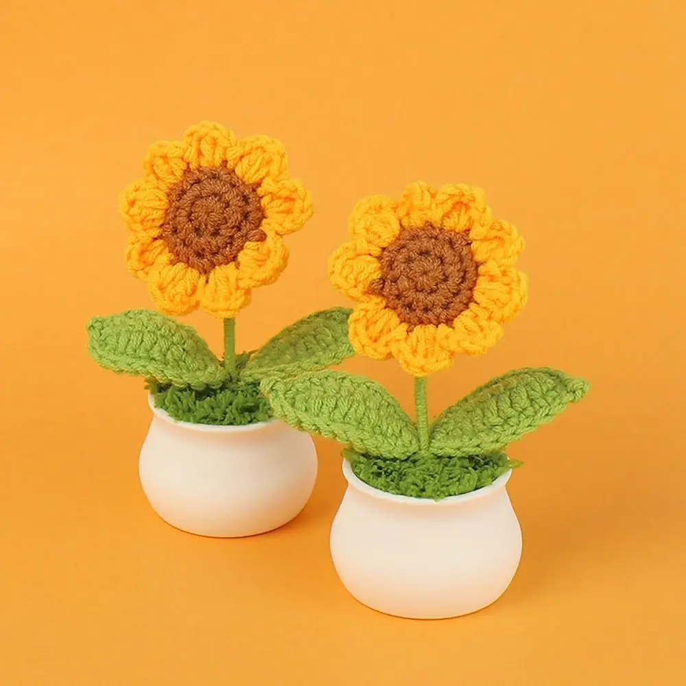 Hand-Knitted Crochet Sunflower Potted Smiling Face Sunflower Fake Flower Bonsai Artificial Desktop Ornaments for Teachers'Day