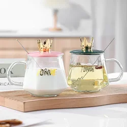 High-value Glass Cup with Spoon Lid, Creative Couple Coffee Mug Office Tea Anti-scald  Female Home