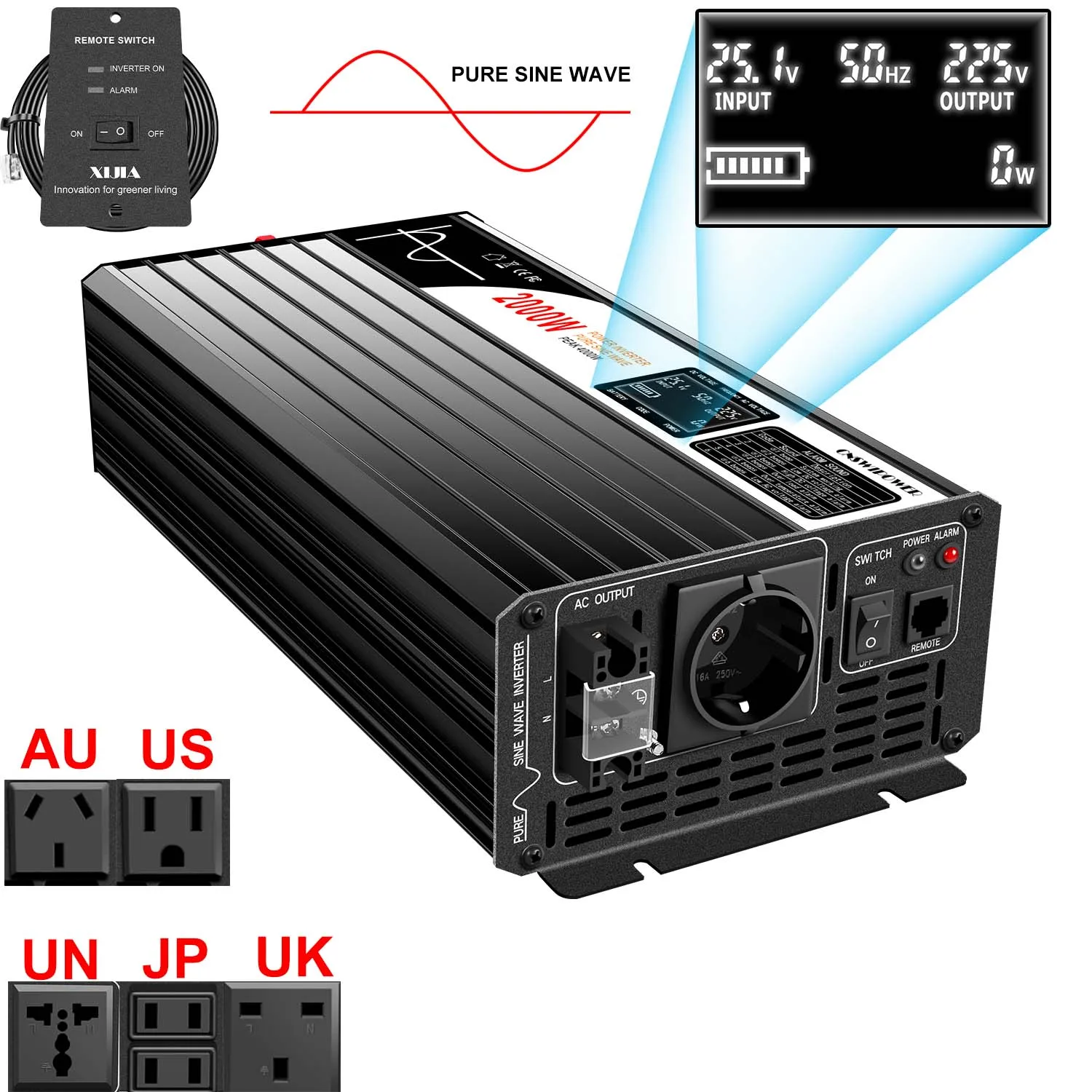 2000W pure sine wave power inverter 12V/24V/48V DC to 110V 220V AC LCD screen