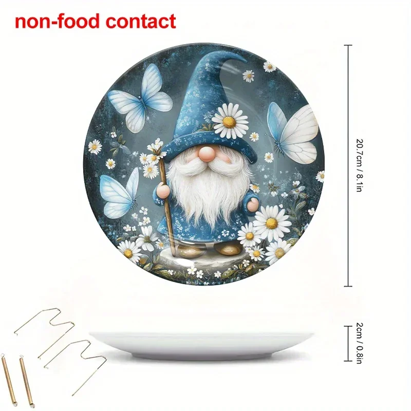 

1 шт. Винтажная синяя керамическая тарелка с гномом, бабочками и ромашками для подвешивания на стену - круглая, 8,0 дюймов, не для пищевых продуктов, для домашнего декора