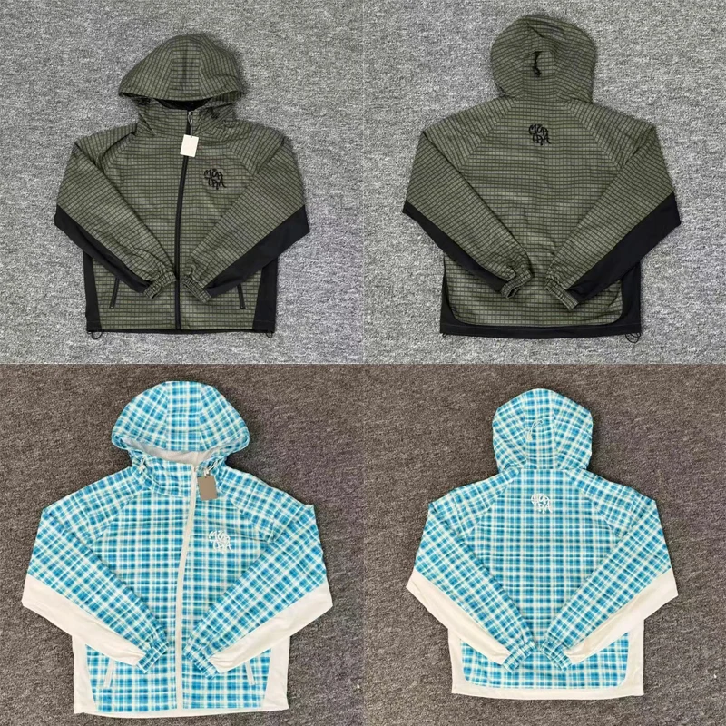 

Mesh Blue Green Plaid Mertra Zipper Hooded Jacket Men Women Letters Embroidery Label Slanted Quick Dry Loose Windproof Jackets