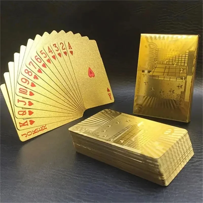

55Pcs 24K Gold Foil Poker Set, Waterproof Plastic Durable Magic Playing Cards for Entertainment Collection