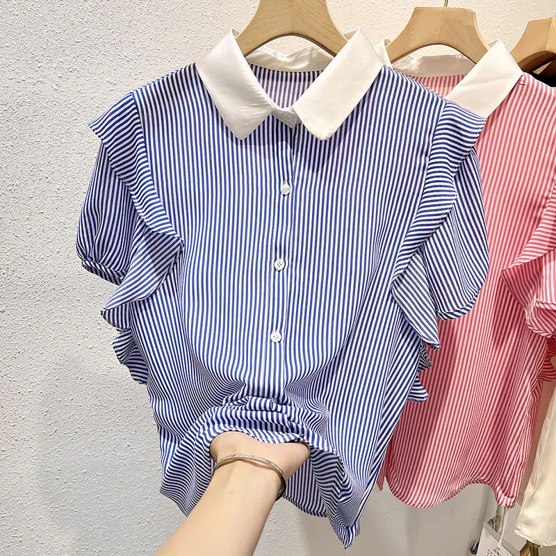 Korean Striped Loose Blouse Summer New Thin Short Sleeve Ruffles Patchwork Chiffon Shirt Tops Elegant Fashion Women Clothing