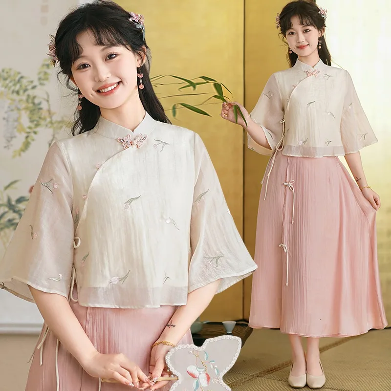 

Улучшенная блузка Cheongsam с вышивкой в национальном стиле, женская ретро блузка 2025, новая художественная рубашка Hanfu в китайском стиле, костюм Тан для девочек, топ