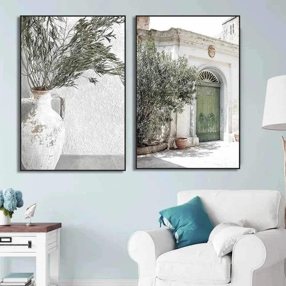 1PC frameless decorative art print,Scandinavian Minimalist Wall Art Italy Olive Tree Branches Leaves Architecture Canvas Paintin