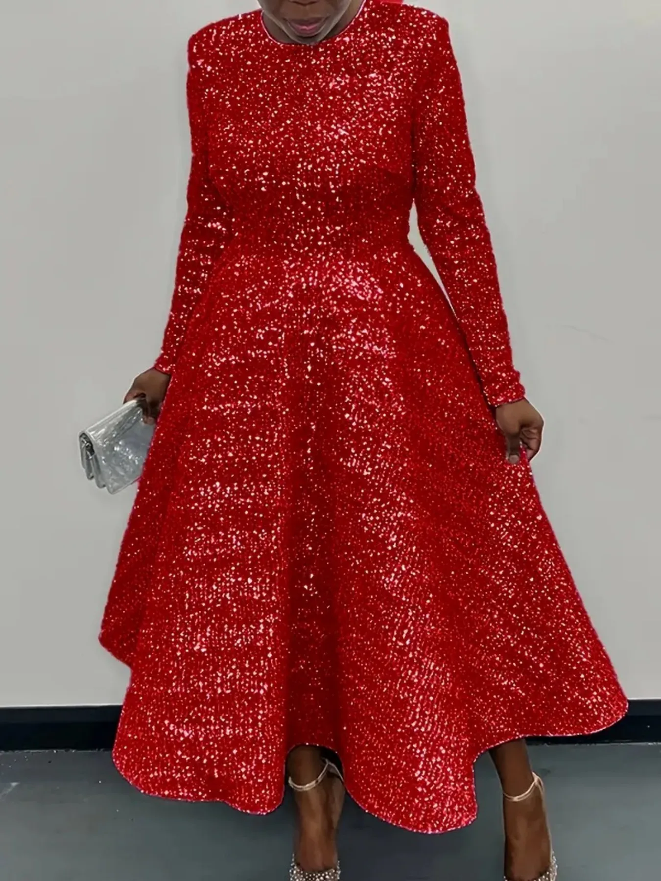 فستان نسائي للخريف والشتاء مقاس كبير، رقبة دائرية، أكمام طويلة، لون خالص، مطرز، عالي الخصر، فستان أنيق متوسط الطول #2