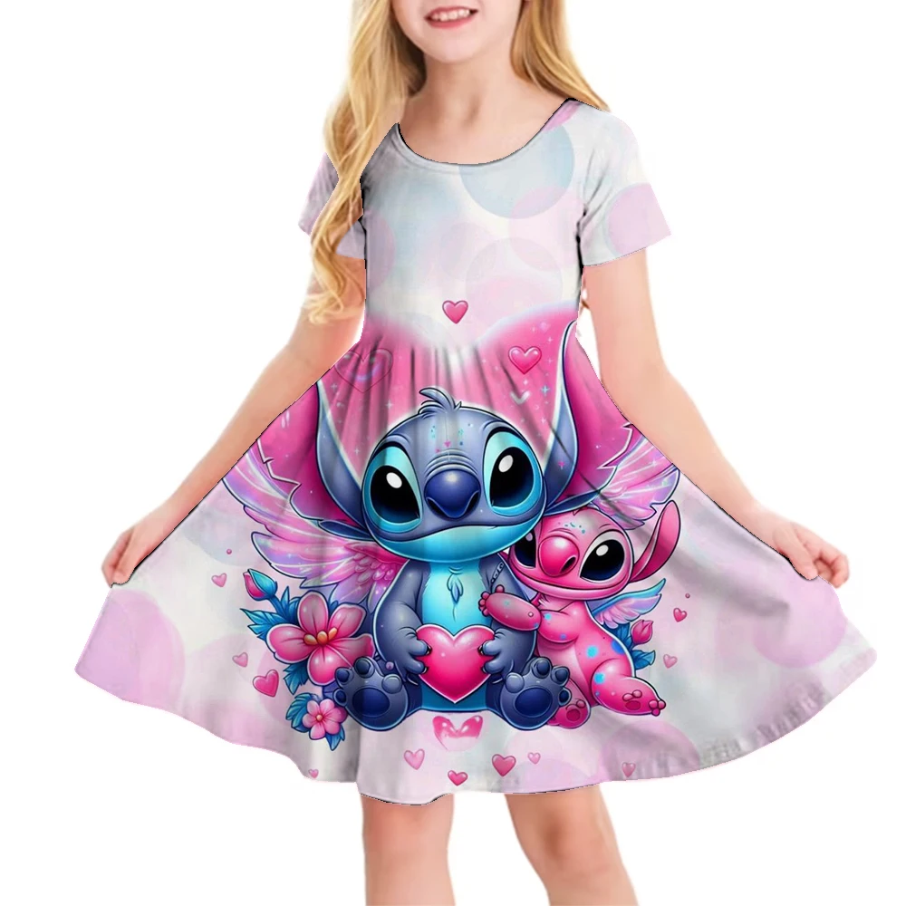 

Платье с короткими рукавами и 3D-принтом Disney Stitch для девочек 3-14 лет, свободное и удобное праздничное платье