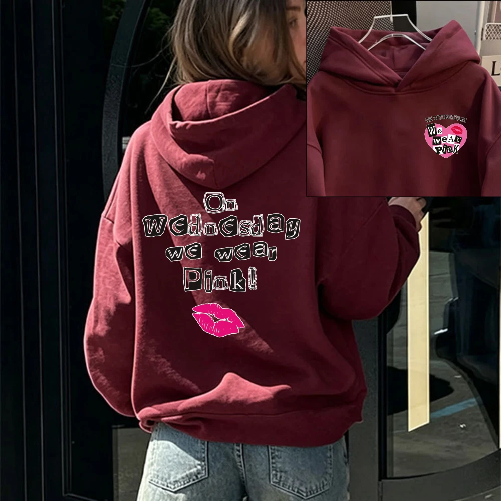 On Wednesday We Wear Hoodie Pink Lips Heart Graphic Front Back Print Pullover Casual Women Fashion Aesthetic Trendy Letter Tops view 4