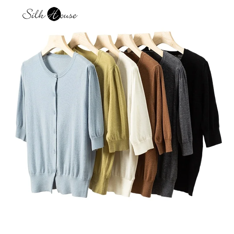 

2025 Women's Spring and Autumn Thin Cardigan Bubble Half Sleeve 100% Wool Round Neck Fashion Solid Color Knitted Coat