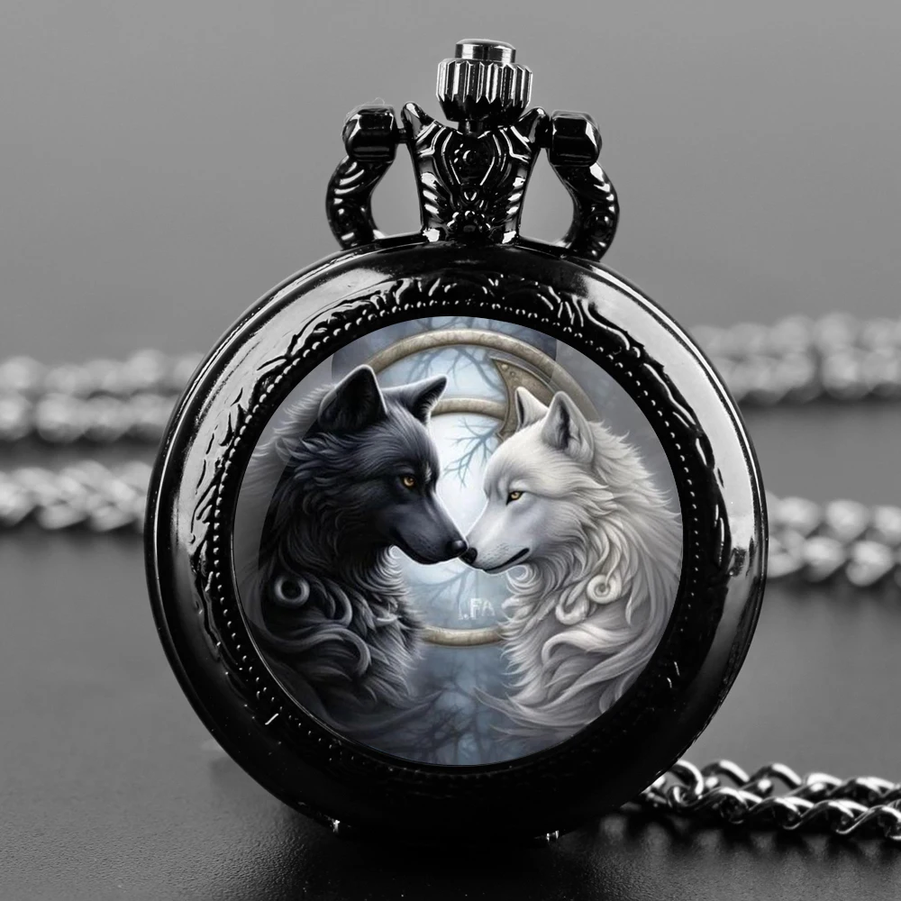 Black White Wolf Design Quartz Pocket Watches for Women Men Watch Unique Pendant Clock Necklace Kids Jewelry Gifts Accessories