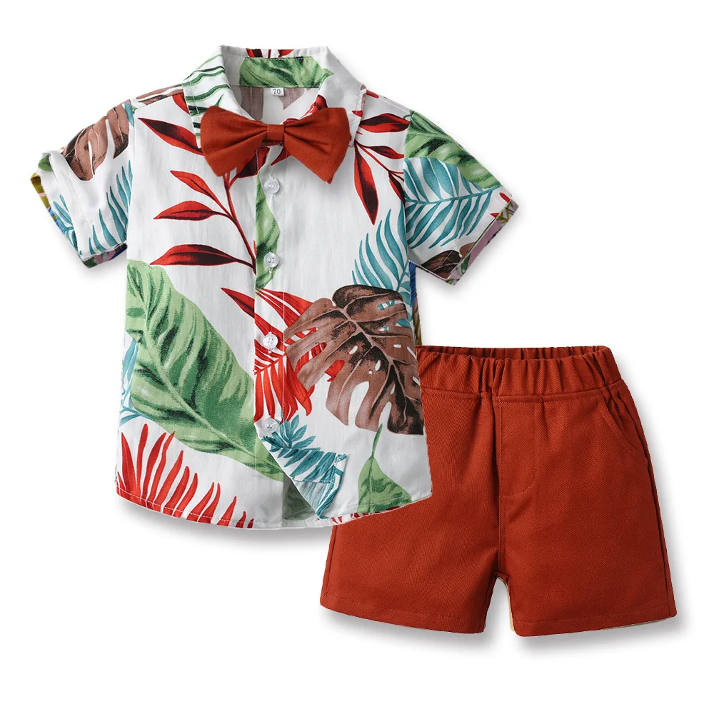 Boy Summer Clothing Boys\' Flower Shirts and Short Pants Set Cotton Vacation Beach Style Short-sleeved Flower Shirts and Shorts