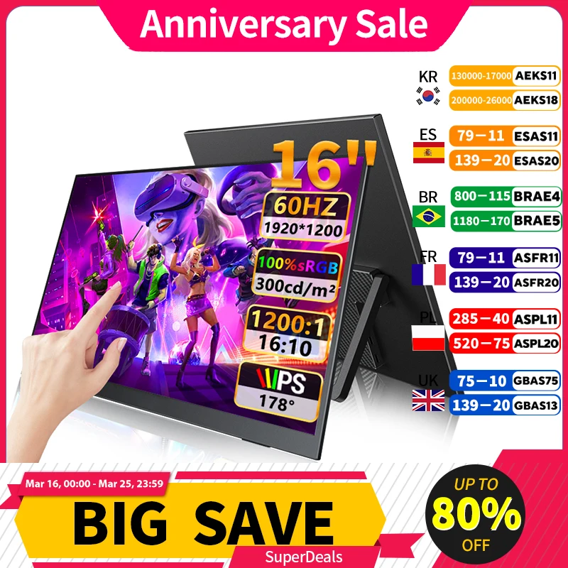 16" FHD Portable Touch monitor External Display IPS 1200P Screen USB C mini-HDMI for Laptop Mac PC Xbox PS Switch With VESA Hole