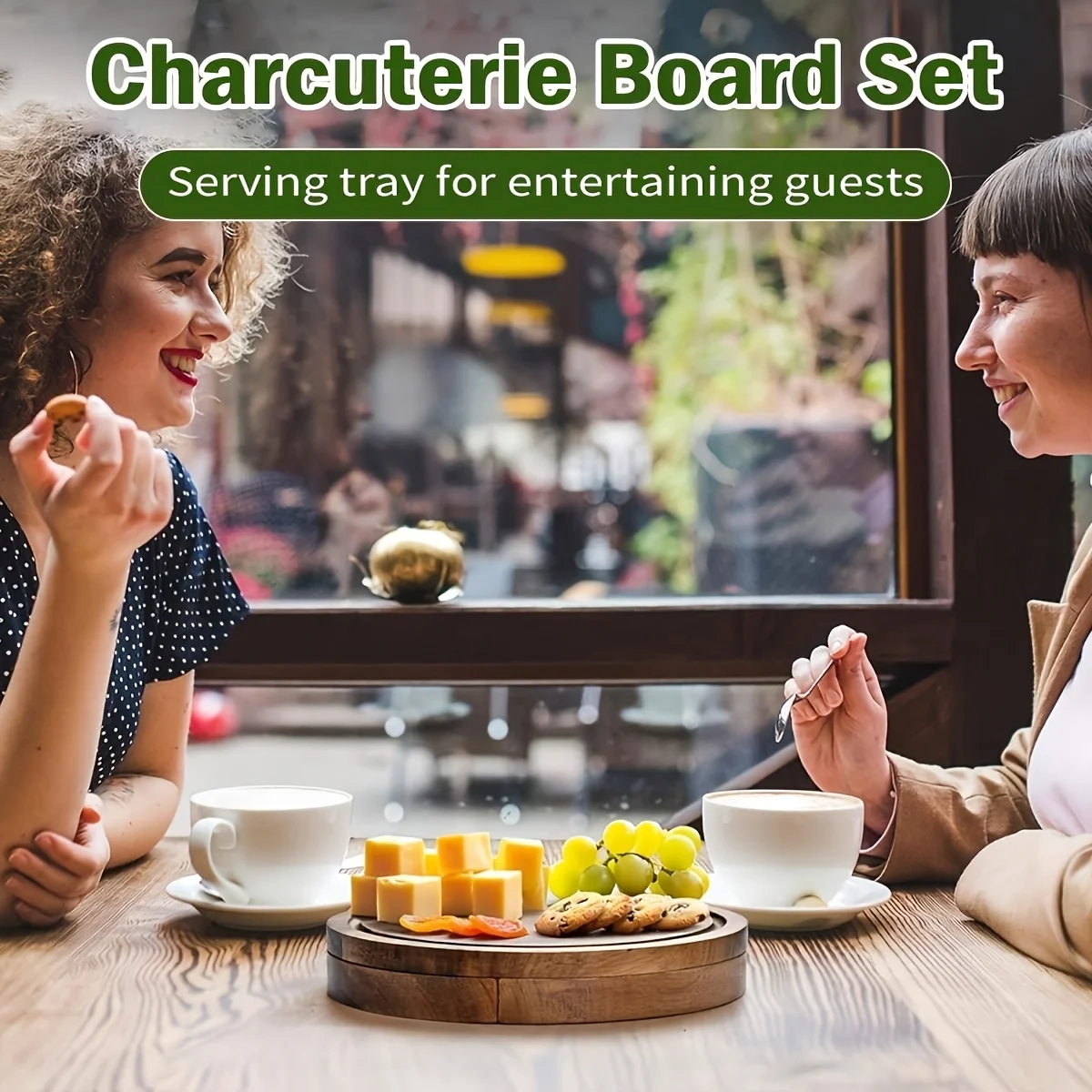 

E5 Round Cheese Board and Knife Set（4 pack）, Oak Charcuterie Board Set and Cheese Serving Platter, 7.8 inch Cheese Cutting Board