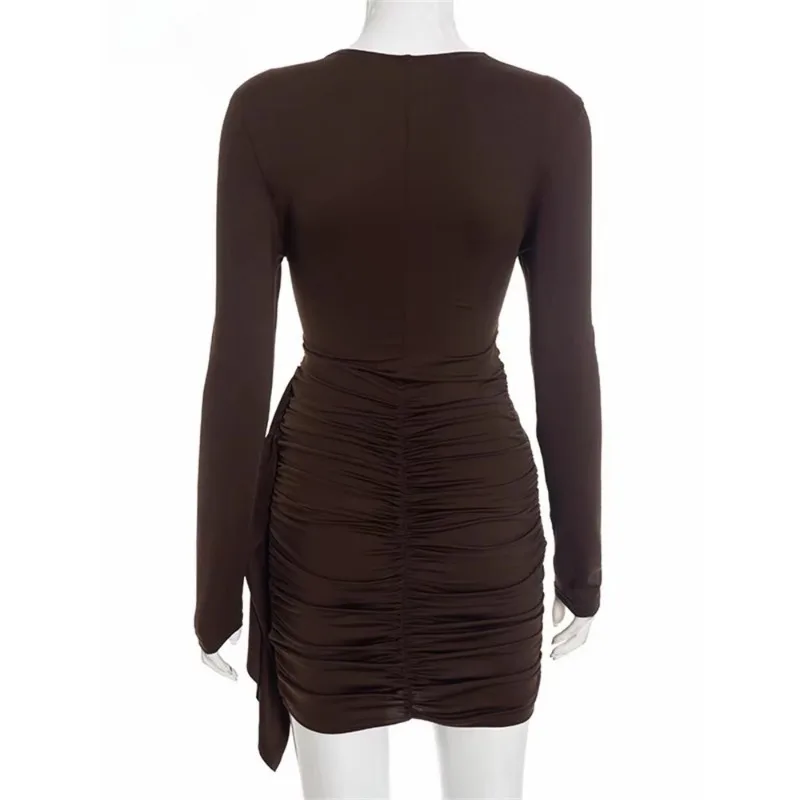 Women's Winter Long Sleeve Wrap DressHigh Waist Side Ruched Tie Detail Slim Bodycon Evening Party Dress