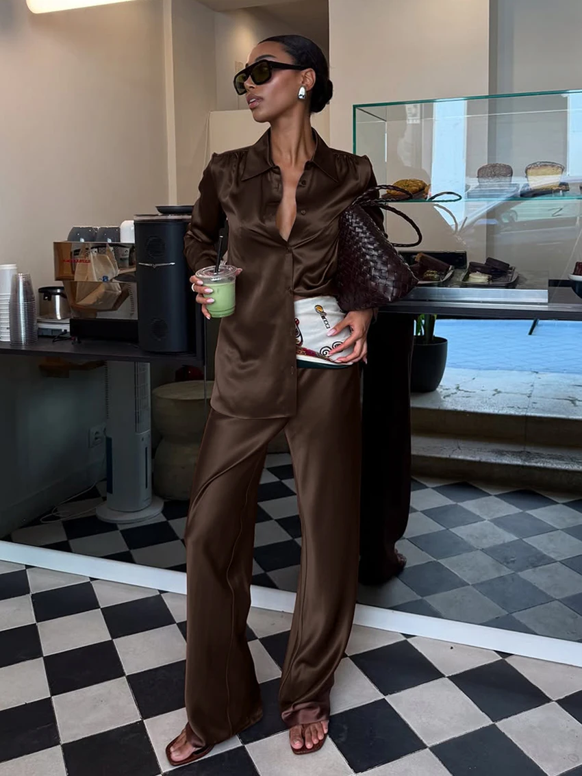 

Marthaqiqi Loose Ladies Sleepwear Set Long Sleeve Nightgown Turn-Down Collar Nightwear Pants Winter Female Pajamas 2 Piece Suits