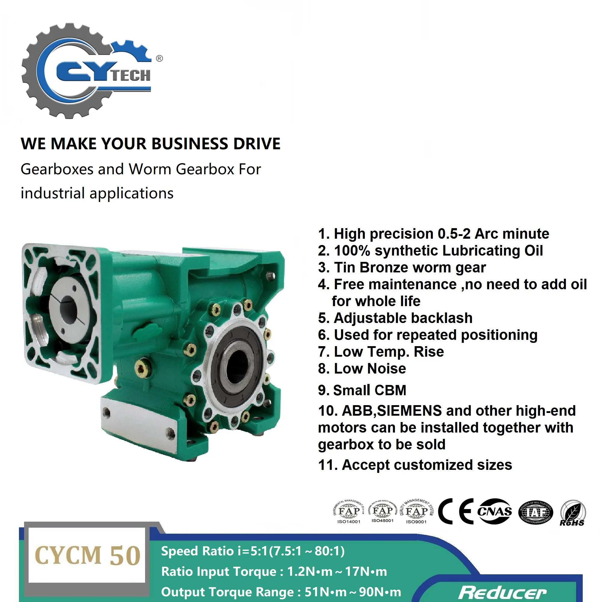 CHENYUE Worm Gearbox CYCM050 Gear reducer P0 Grade 0.5-2 arc minutes Input 14/19/20/22mm Flange 85*85 Output 25mm Ratio 5:1-80:1