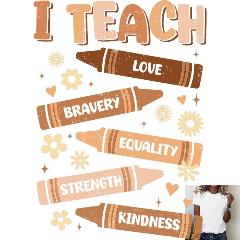 Vintage I TEACH Crayon Love Flower Heat Transfer White Ink Iron - on Patch, Suitable for T - shirts/Canvas Bags, Creative