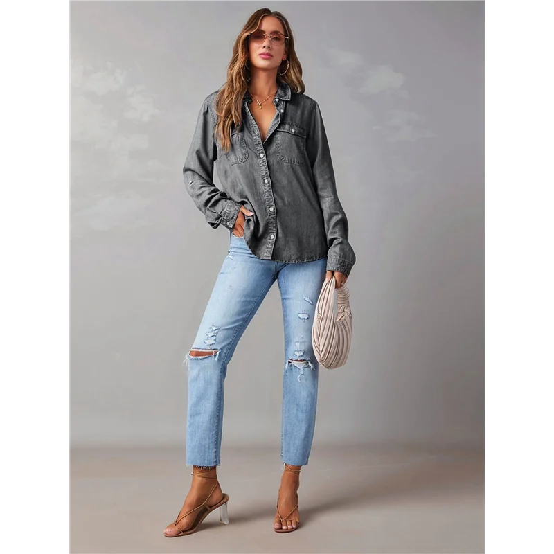 AOAO-Damskie koszule jeansowe zapinane na guziki Casualowa bluzka z długim rękawem i dekoltem w szpic Chambray