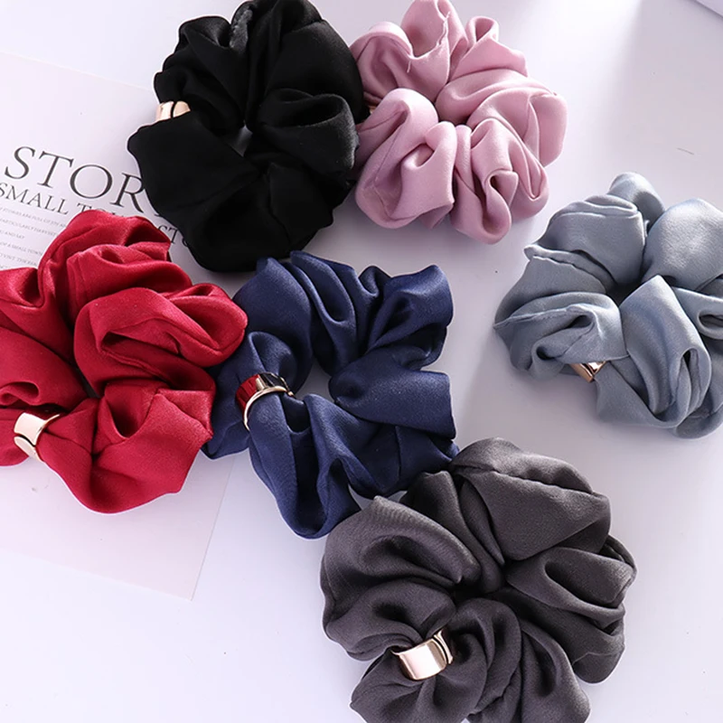 

5 Colors Quality Women Satin Plain Knot Hair Scrunchies Solid Color Hair Bands Simple Silk Feeling Fabric Hair Ties Headwear