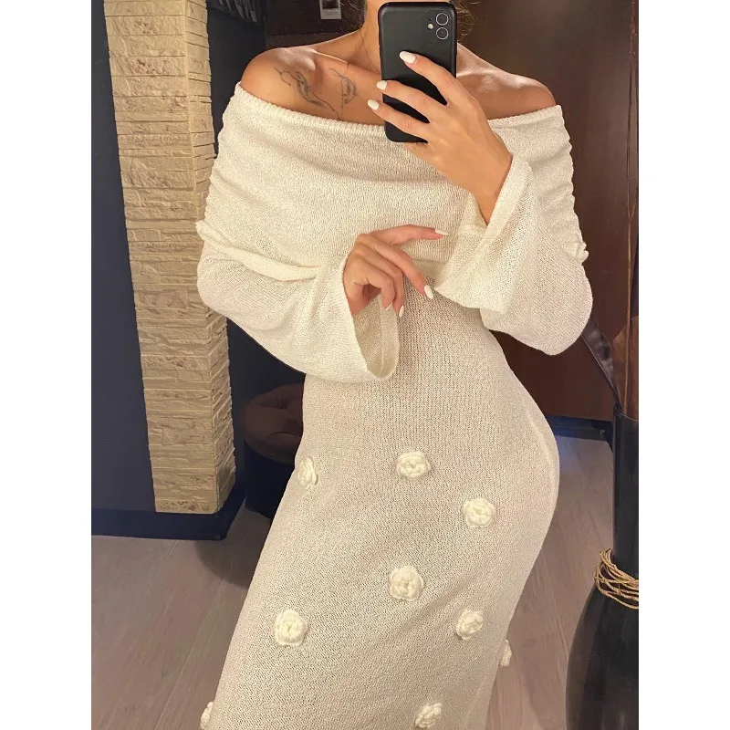 Mulheres fora do ombro de malha vestidos longos elegante flores decoração magro vestido de praia verão moda chique férias bikini cobrir