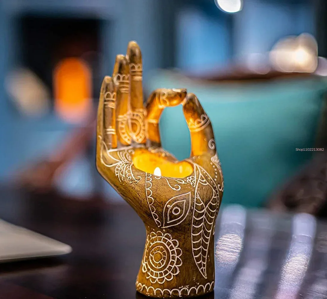 Buddhism Holy Hand Buddha Palm Resin Candle Holder Carve Mandala Eye Zen Temple Meditation Ornaments Candlestick Yoga Heal Decor