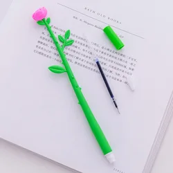 30pcs Rose Flower Gel Pen Wholesale Creative Simulation Soft Rubber Plant Flower Pens Students Black 0.5 Pen Learning Stationery