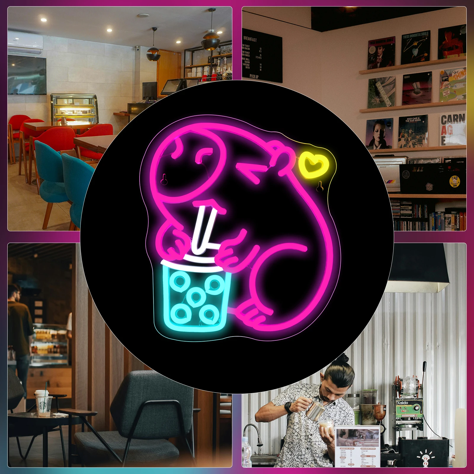 Capybara Drink Milk Tea Neon Sign Multicolor LED Cartoon Animal Light Wall Hanging Decor for Bedroom Party Birthday Gifts