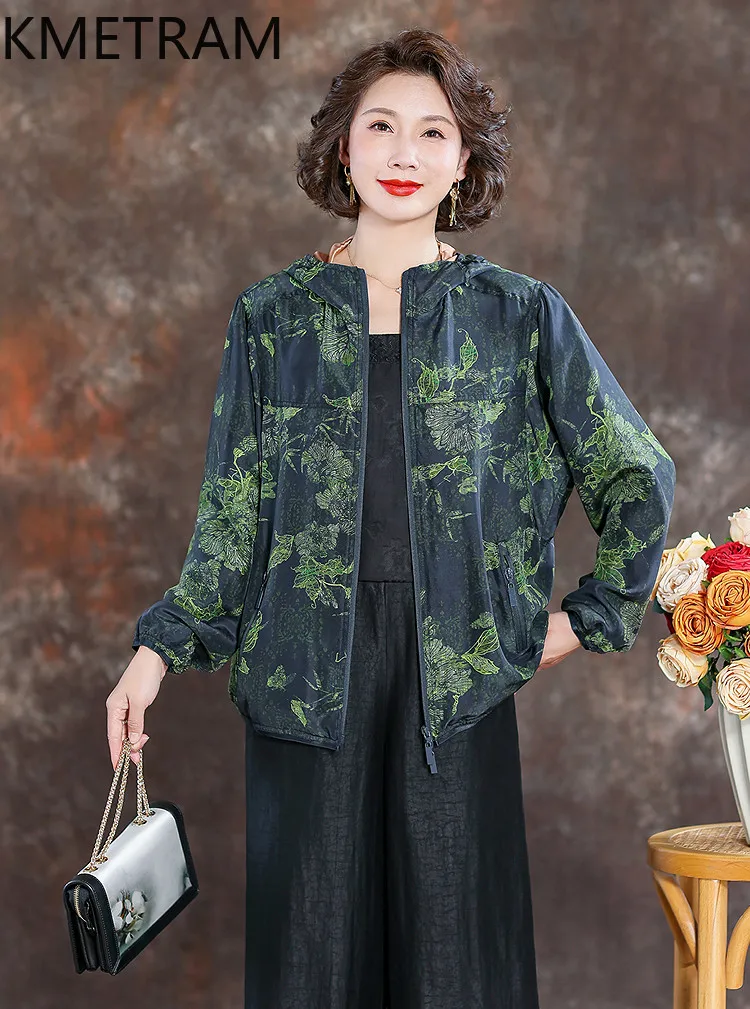 KMETRAM 100% Mulberry Silk Tops for Women 2026 Spring Chinese-style Zipper Long-sleeved Hooded Jacket Female Clothing Ropa Mujer