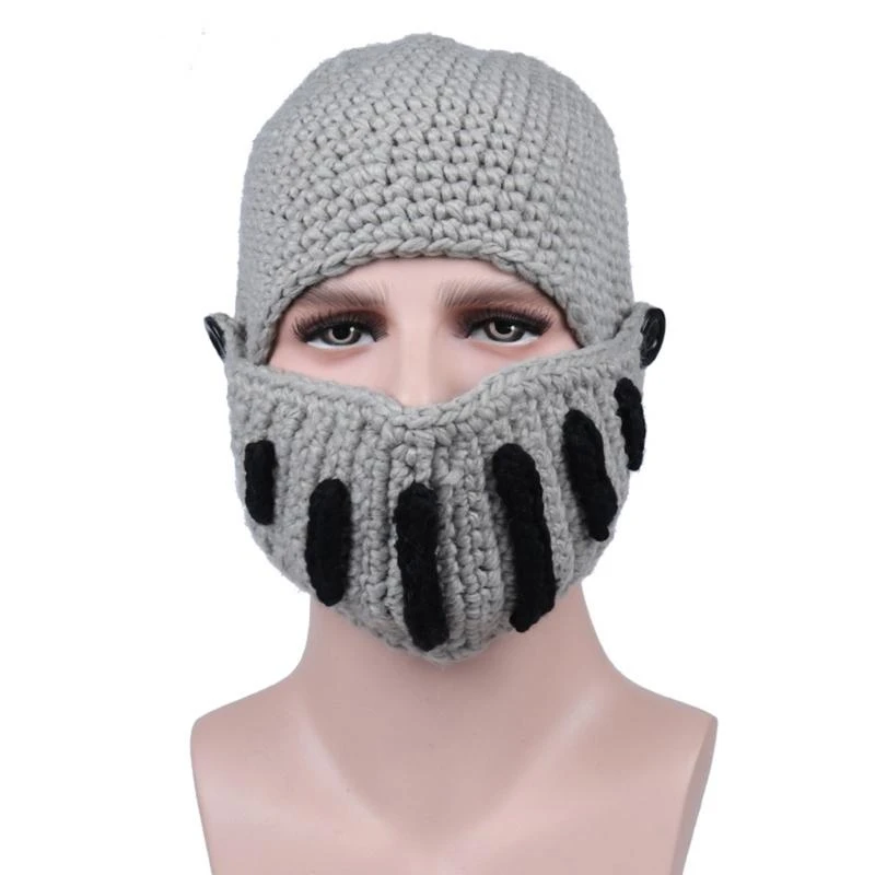31BF Crochet Knit Roman Knight Helmet Beanie Hat Barbarian Skull Cap with Face Mask