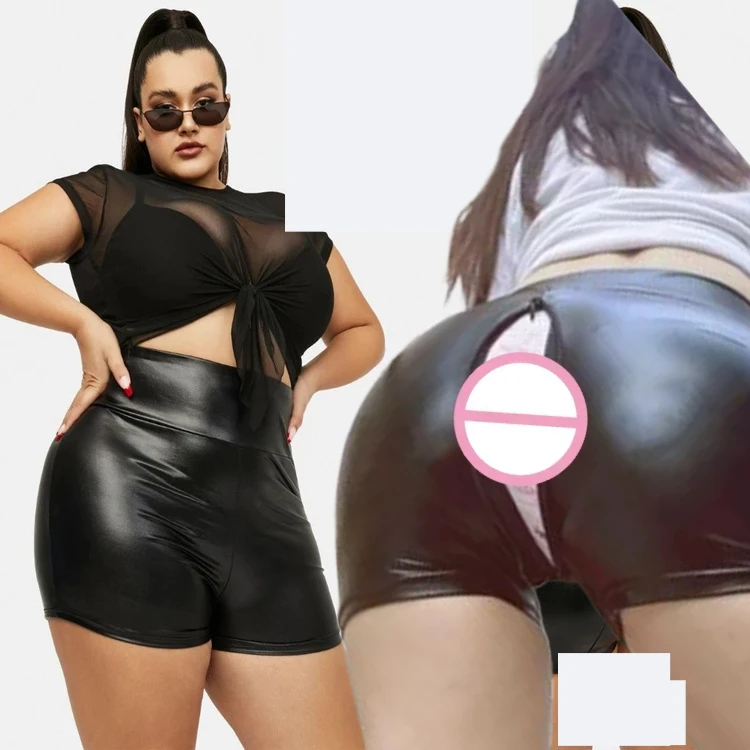 2025 New Female Fat Imitation Leather Three-point Pants Open Pants Elastic Sports Yoga Pants Nightclub Style Sexy Large Size