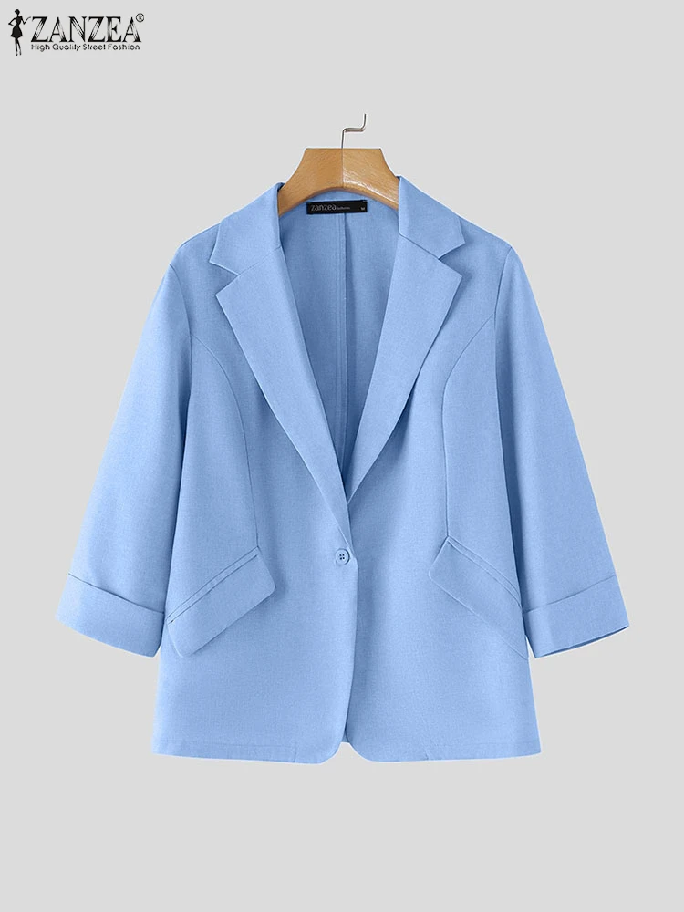 ZANZEA Fashion Solid Color Blazer Three Quarter Suit Women Lapel Collar Tops Office Lady Single Button Commuting Work Wear Coat