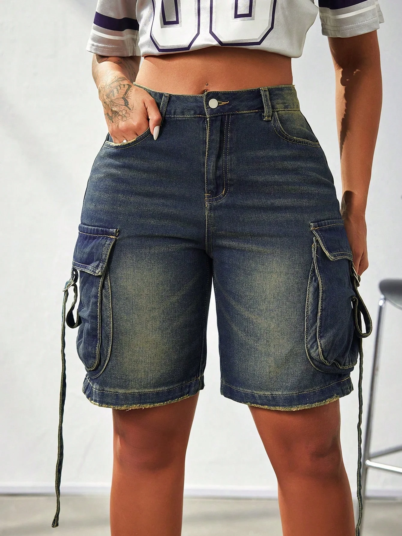 الصيف النساء السراويل البضائع مع جيوب ارتداء اليومي القط متقلب الشريط هاي ستريت Y2K 90s عادية الهيب البوب برمودا فضفاض Jorts #5