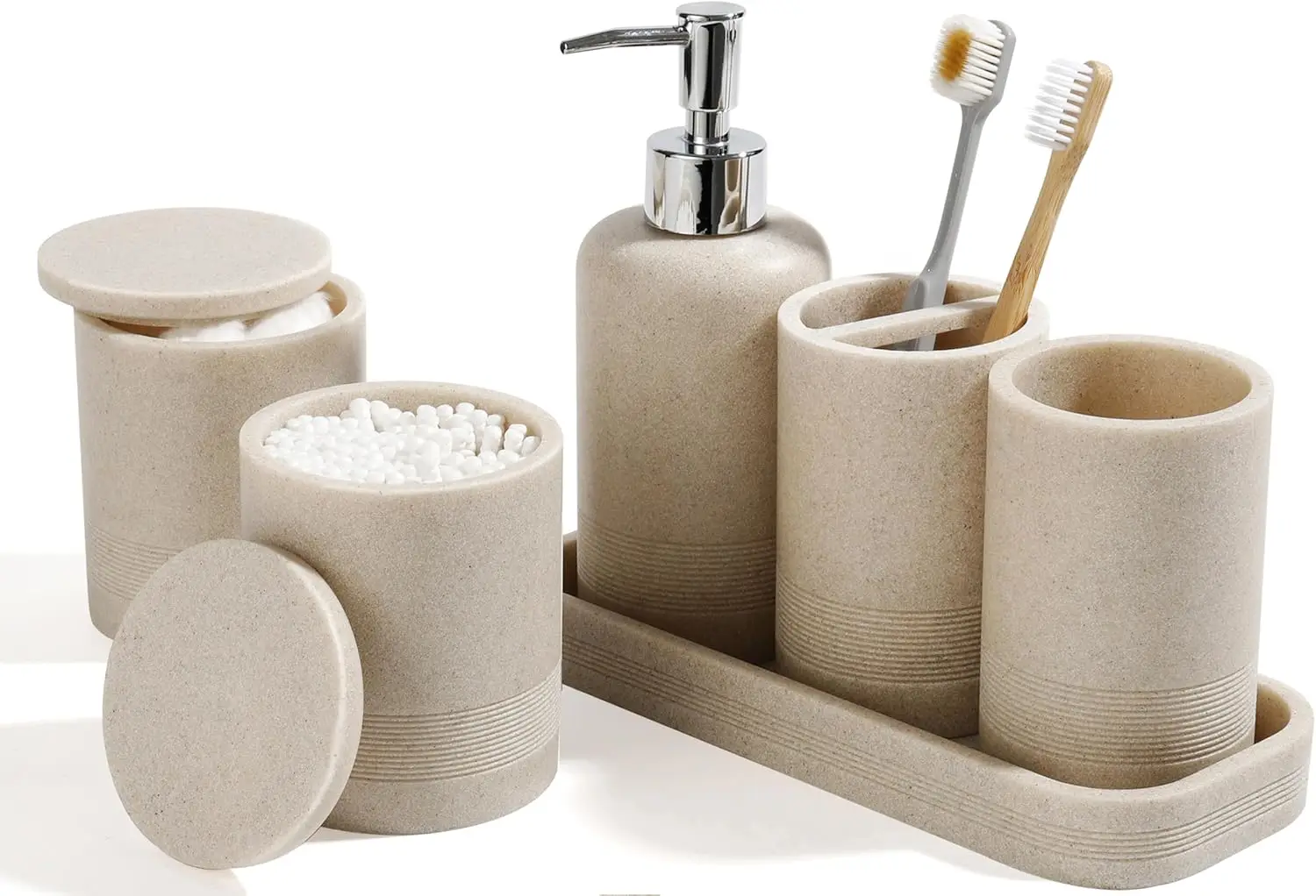 

6-Piece Modern Bathroom Set with Soap Dispenser, Toothbrush Holder, Tray, Tumbler & Jars in Beige