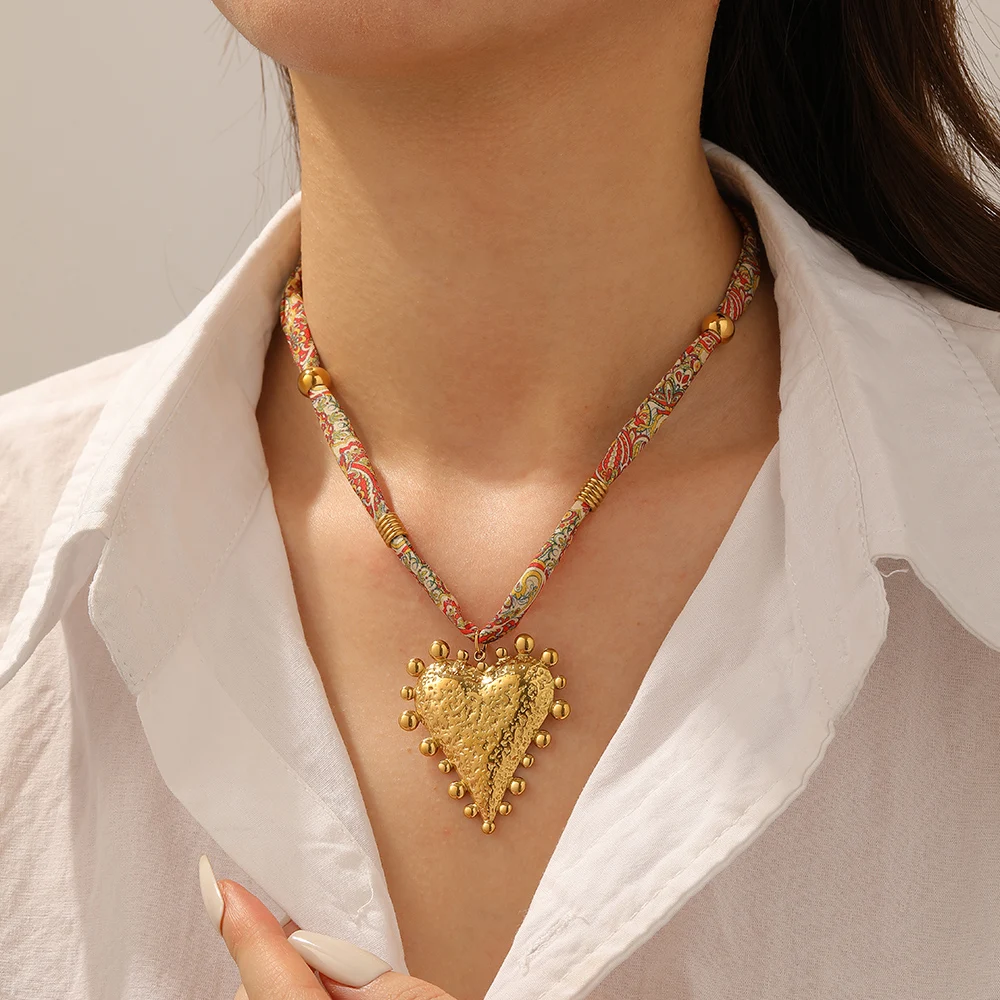 DIEYURO 316L Stainles Steel Golden Texture Irregular Heart Pendant Color Pattern Ribbon Necklace Lady Vintage Neck Chain Jewelry