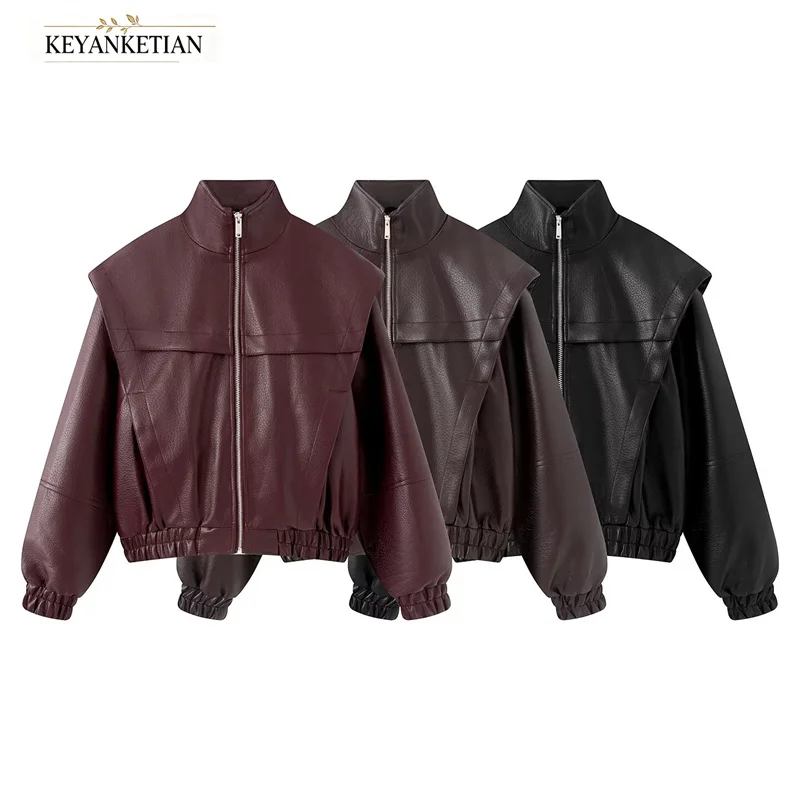 KEYANKETIAN 2026 Stand Collar Detachable Cape PU Jacket Women Zip Up Elastic Hem Cropped Long Sleeve Faux Leather Outerwear