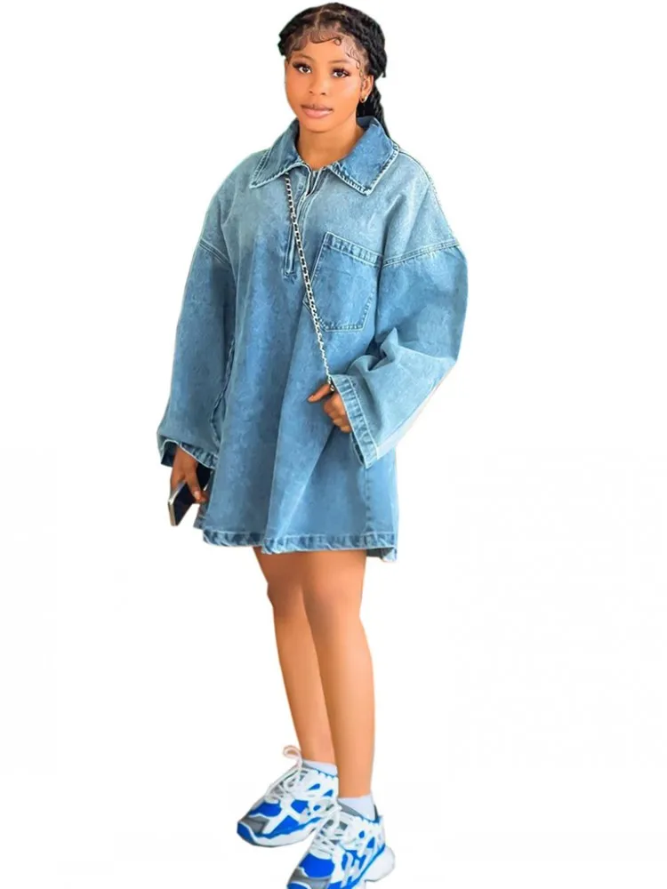 Women\'s Denim Dress 2024 Spring Summer Fashion Turn Down Collar Long Sleeve Loose Straight Dress Streetwear Casual Cute Clothes