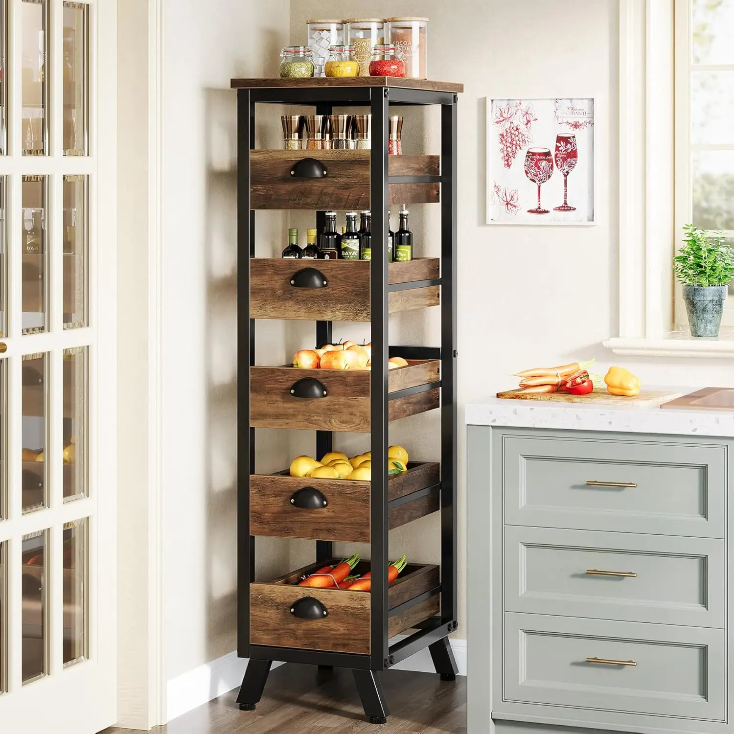 

Tribesigns Wood Fruit and Vegetable Storage Rack, 5-Tier Narrow Snack Stand Kitchen Stand Fruit Basket, Pull-Out Utility Organiz
