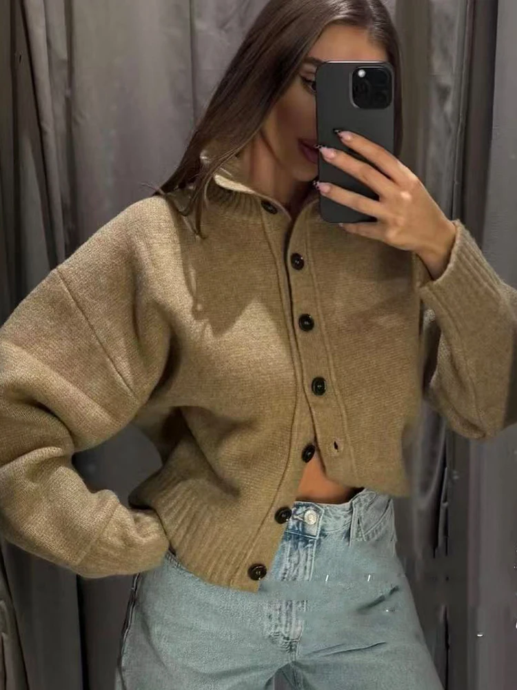Elegant Women's High Neck Knitted Sweater Coat 2026 Autumn Winter Fashion Soft Knitwear Button Open Jacket Stand Collar Top