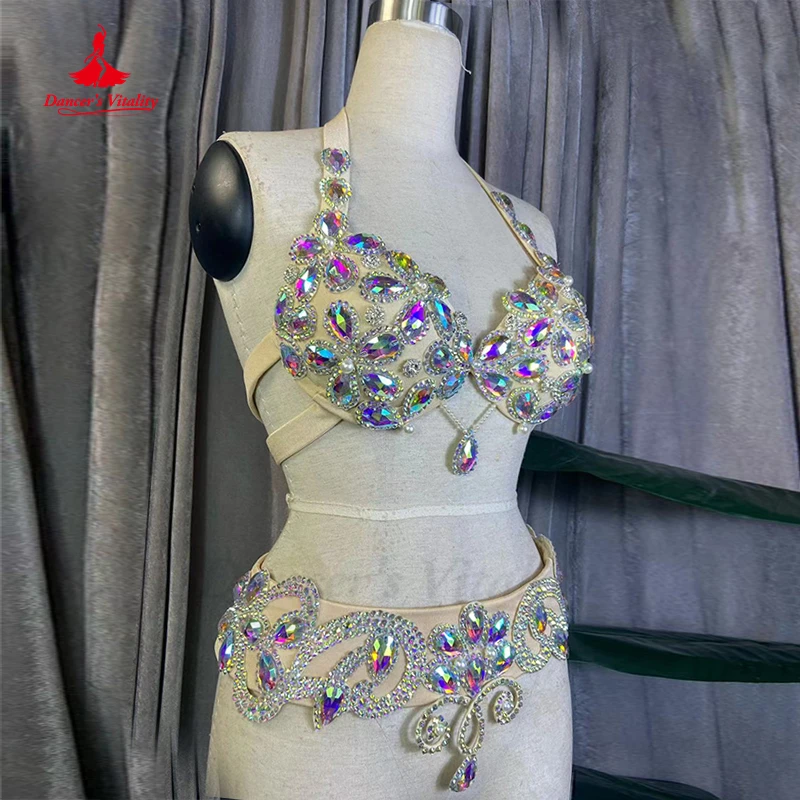 Belly Dance Costume for Women Customsized Senior AB Stones Bra Top+skin Belt 2pcs Female Children Oriental Dancing Outfit