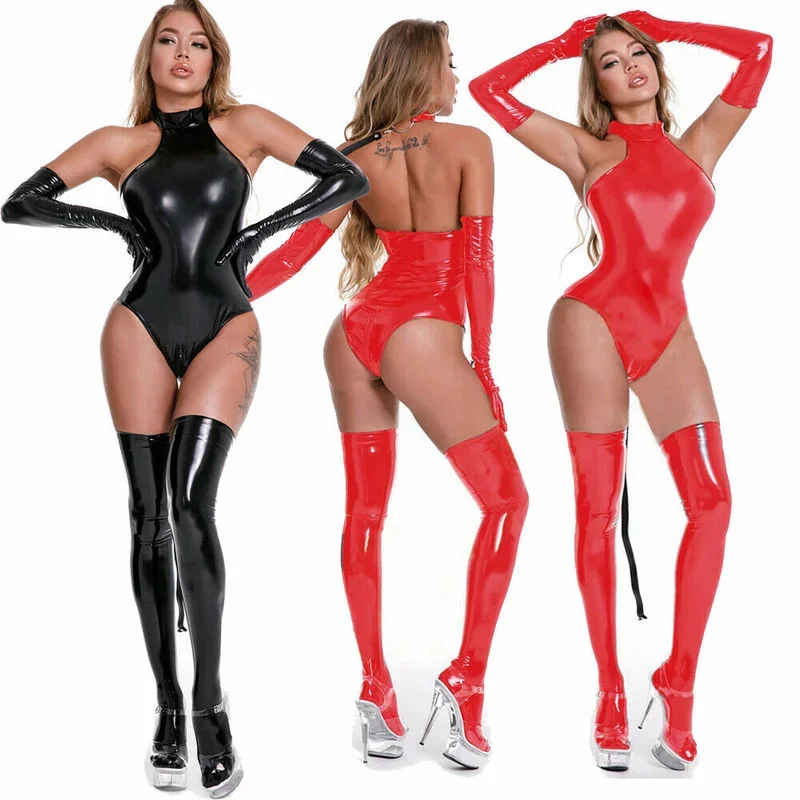 Sexy Lady Kunstleder Latex Catsuits mit Gürtel High Cut Wetlook PU Dessous Body Clubwear Kostüme Handschuhe Lange Strümpfe