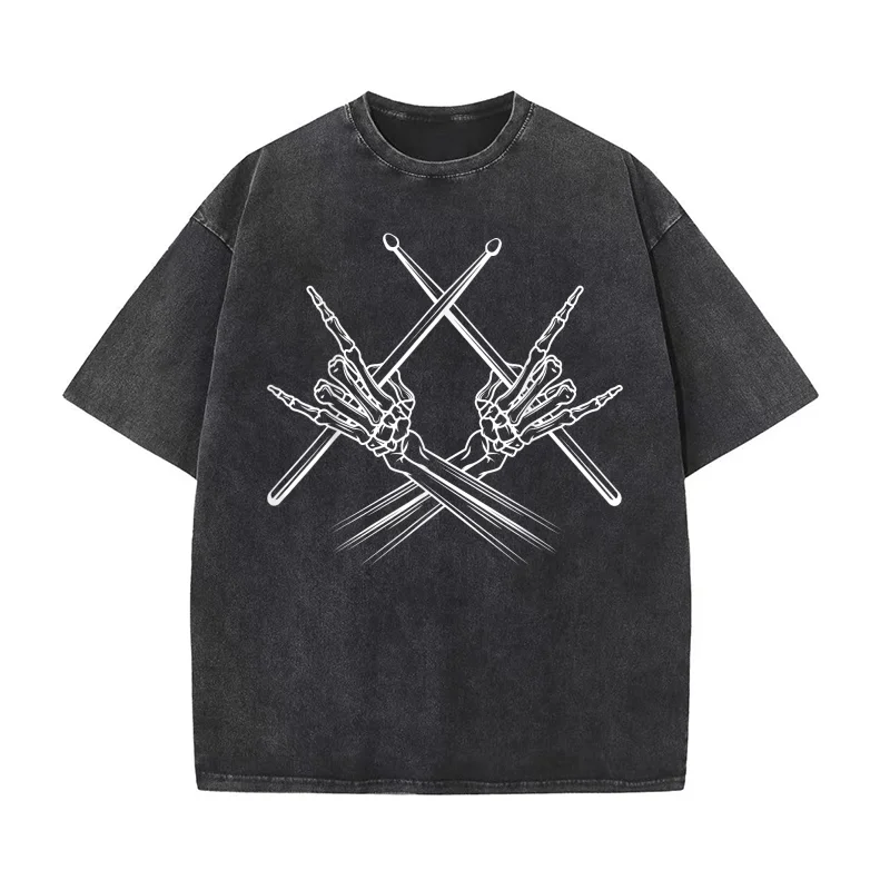 

Drummer Drum Sticks Rock & Roll Skeleton Hand Horns Pure Cotton T-shirt For Man Oversized Art Graphic Clothing Printed