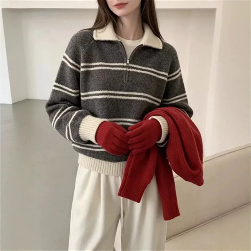2026 Elegant Striped Half Zipper Lapel Knitted Jumper Autumn and Winter New Fashion Versatile Age-reducing Girl Style Sweater