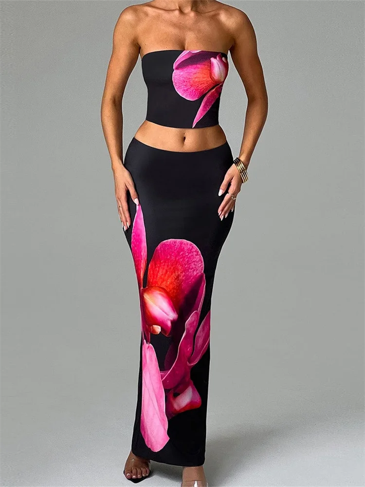 Chronstyle sexy Frauen 2 Stück Outfits Blumen druck Tube Tops und elastische Taille Bodycon lange Röcke Sets Sommer Streetwear 2024
