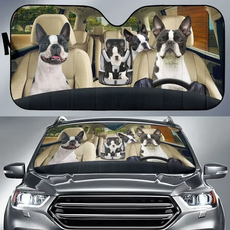 Boston terrier family driving dad mom and kids love dog car sunshade car windshield sunshade for uv sun protection car sunshade