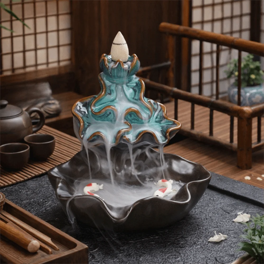 

Mini Backflow Stick Incense Burner Lotus Shape Lucky Fish Ceramic Censer Decorative Incense Stick Holder Meditation