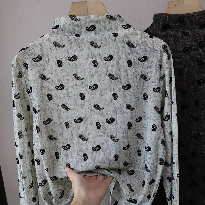 

Ele f Футболка с высоким воротником Thin Me Long Sve, женская ранняя осень, новинка Sle Caew Flower Floating Base irt Top